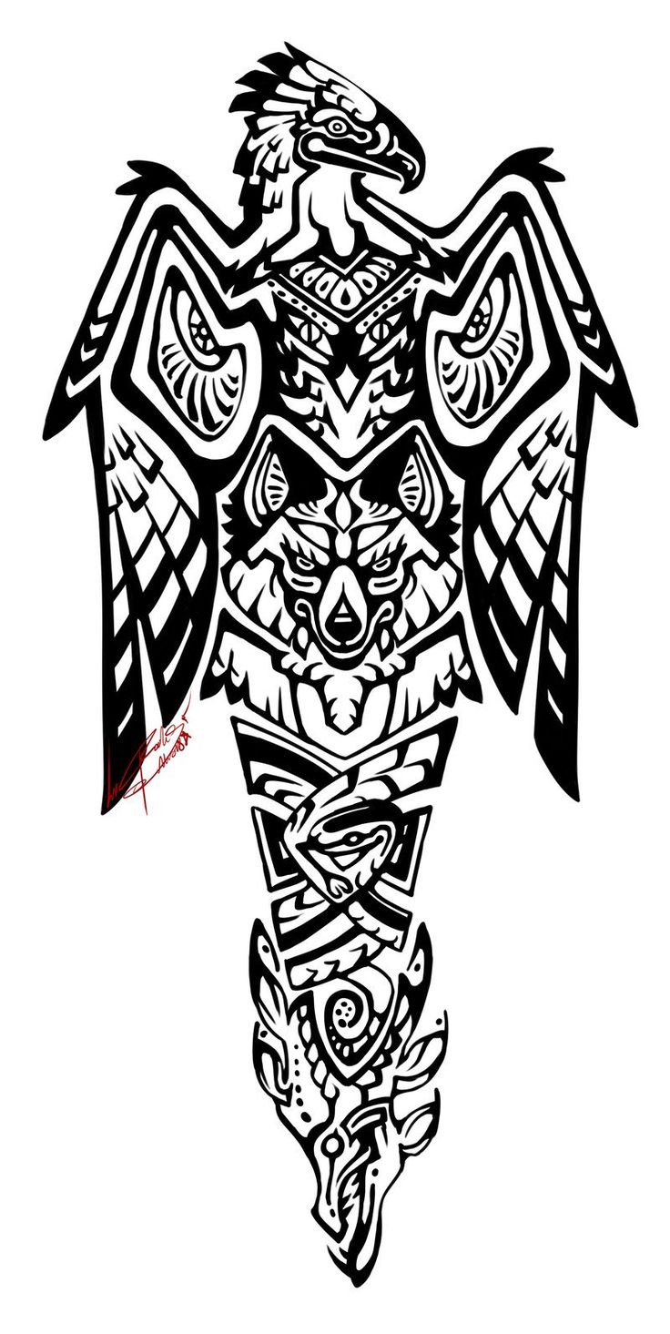 an eagle with intricate designs on it's chest and wings is shown in black ink