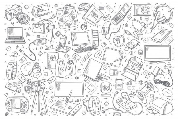 the word gadgets surrounded by doodles and other things on a white background