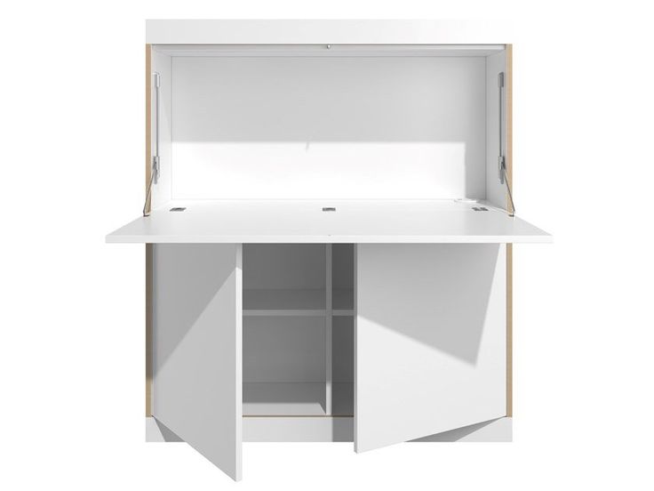 an open white cabinet with shelves and drawers