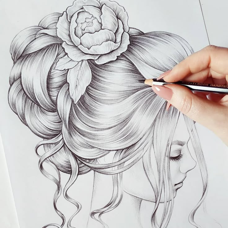 a drawing of a woman's head with a flower in her hair and a pencil