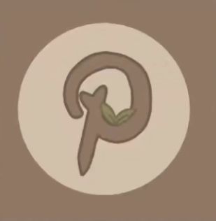 the letter p is made up of small leaves on it's back end, and sits in front of a white circle