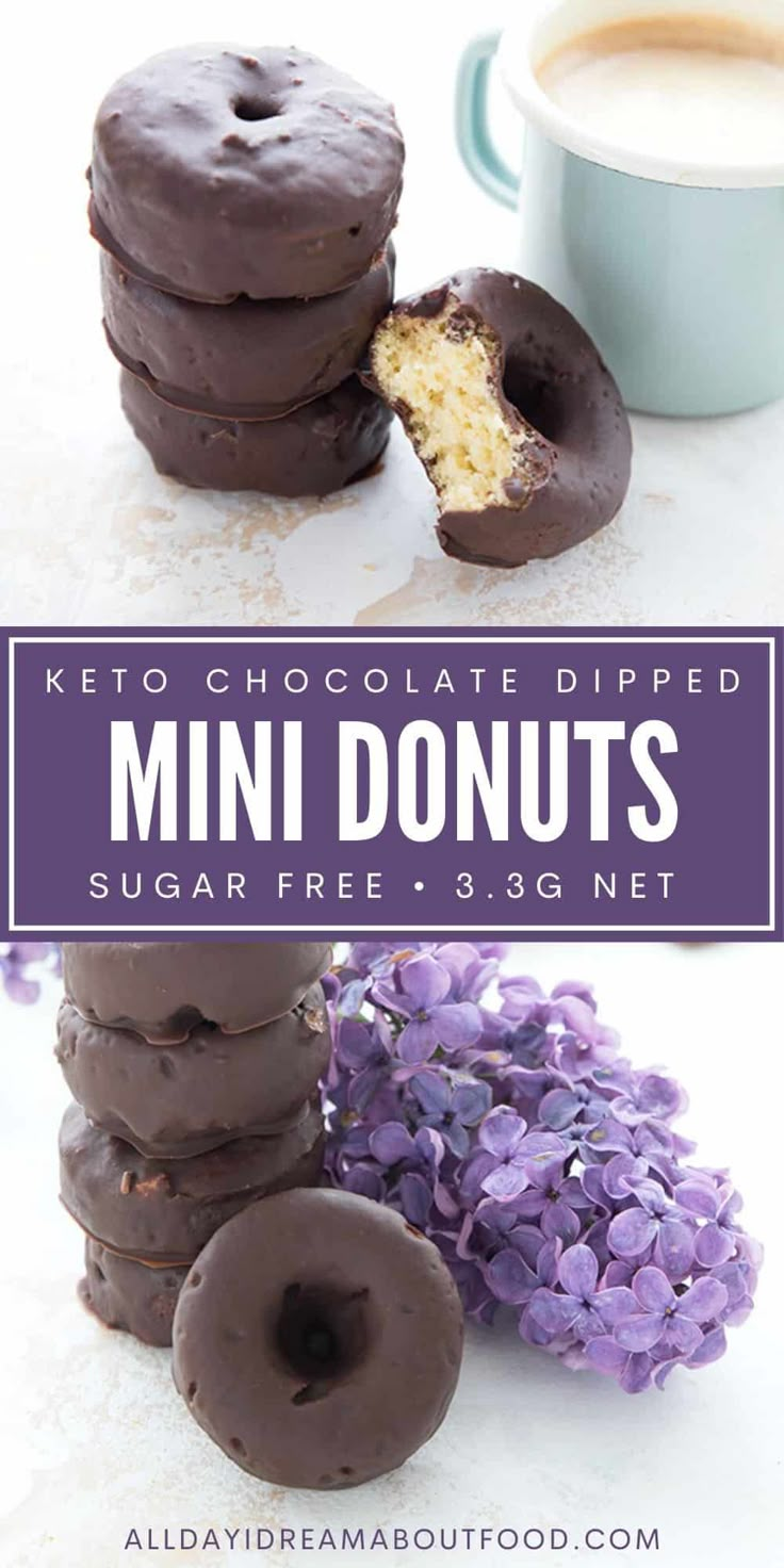 keto chocolate dipped mini donuts are stacked on top of each other with a bite taken out