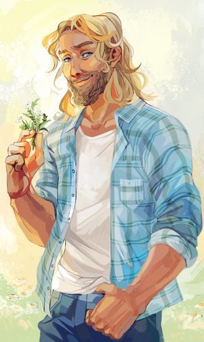 a drawing of a man with long hair and beard holding a carrot in his hand