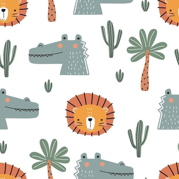 a pattern with animals and plants on a white background that has orange, gray, and green colors