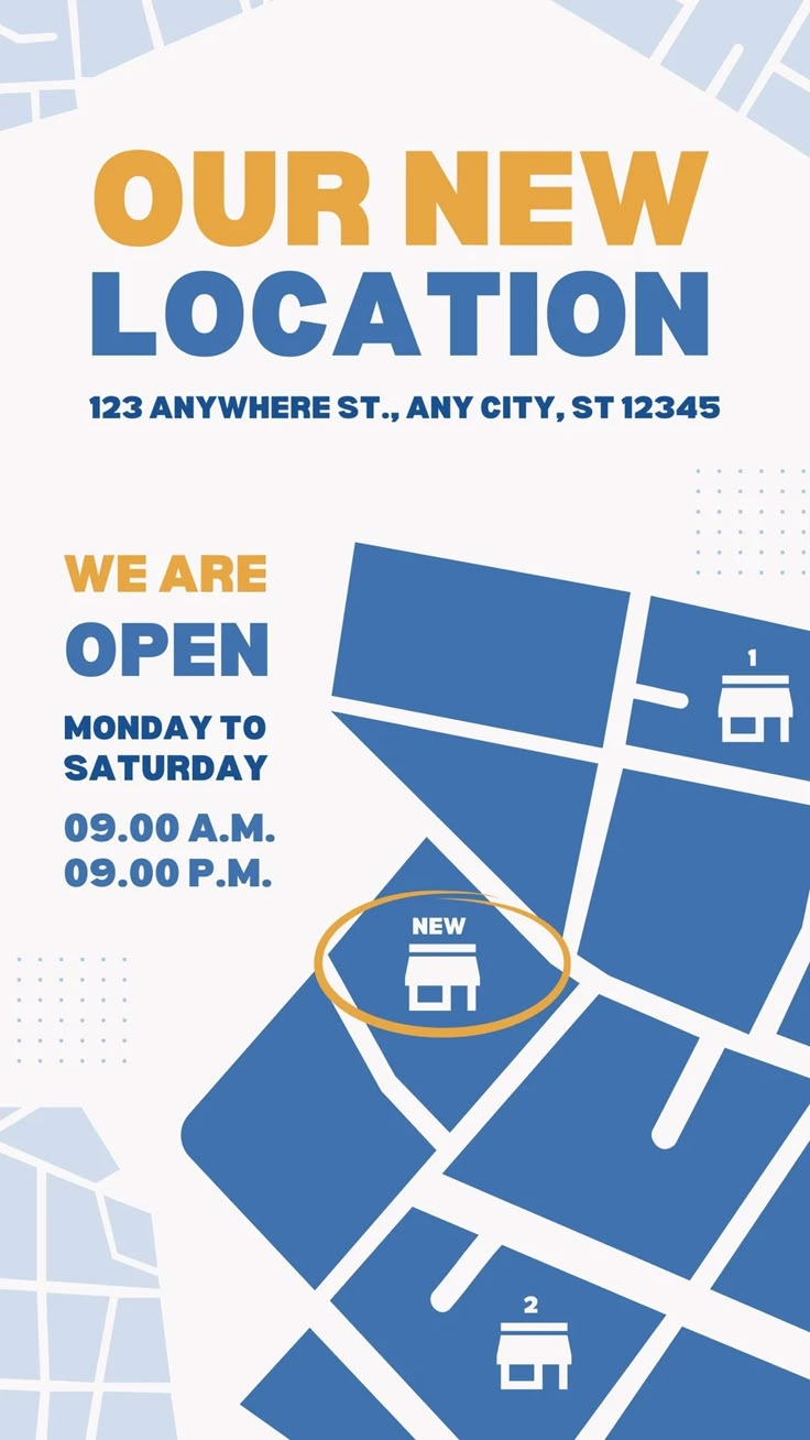 an advertisement for a new location is shown in blue and white with the words, we are