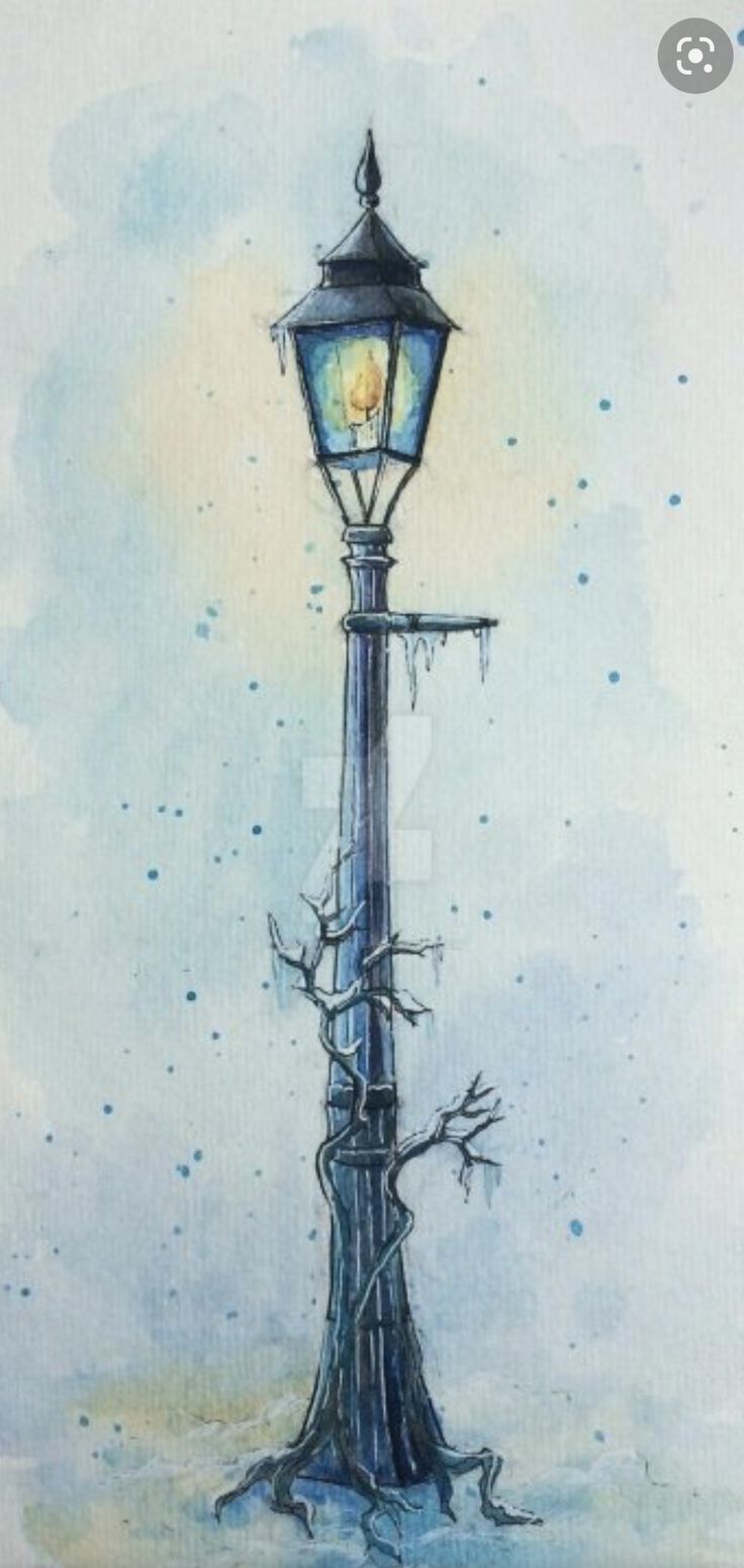 a drawing of a lamp post in the snow