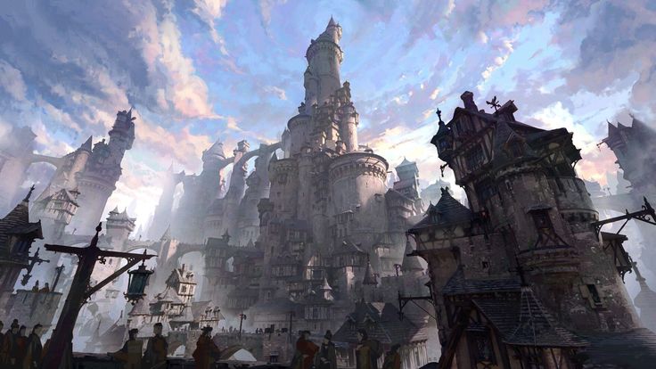 an artistic painting of a castle in the sky