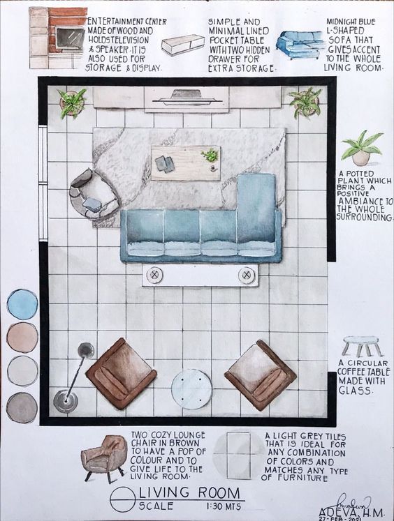 an overhead view of a living room with furniture and floor plans on the wall above it