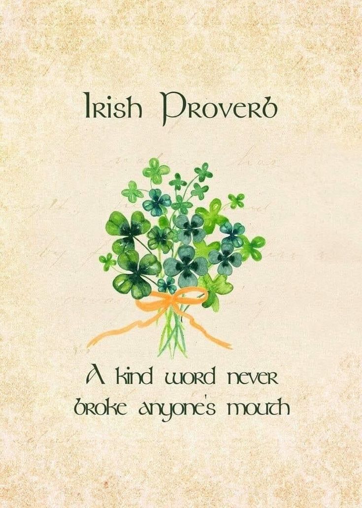 an irish prove with shamrocks on it and the words,'a kind word never broke anyone's mouth