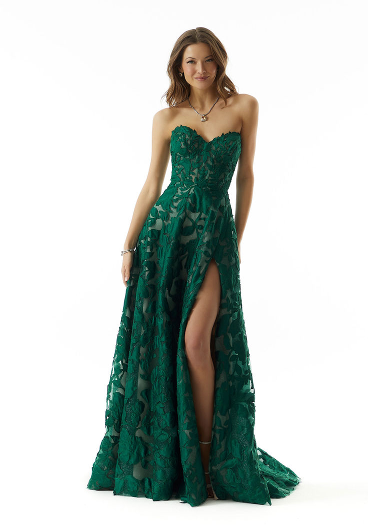 tulle evening gown with satin floral appliqués Tulle Evening Gown, Floral Evening Dresses, Dress Alterations, Mori Lee, Mob Dresses, Corset Bodice, Evening Dress Fashion, Brides Wedding Dress, Green Prom Dress