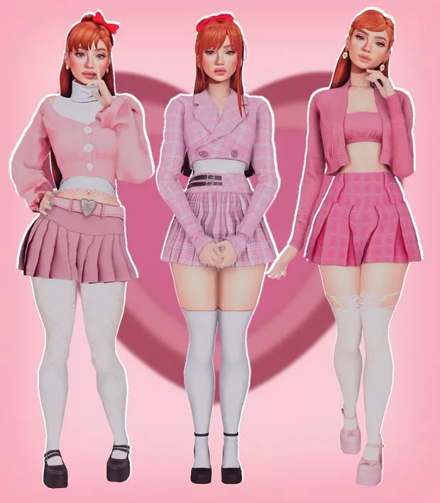 three girls in pink outfits standing next to each other with their hands on their hipss