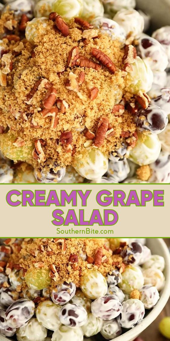 this creamy grape salad is loaded with grapes, nuts and crumbs