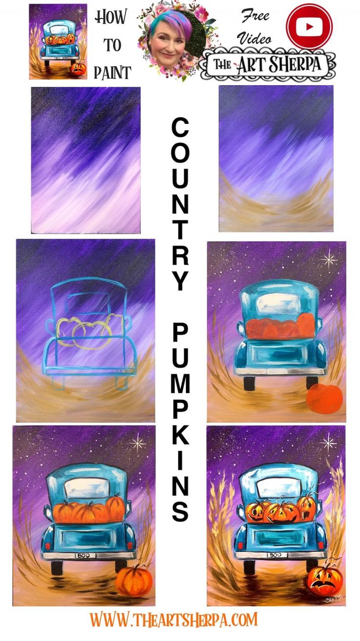 four different pictures of pumpkins and an old truck with the words country pumpkins on it