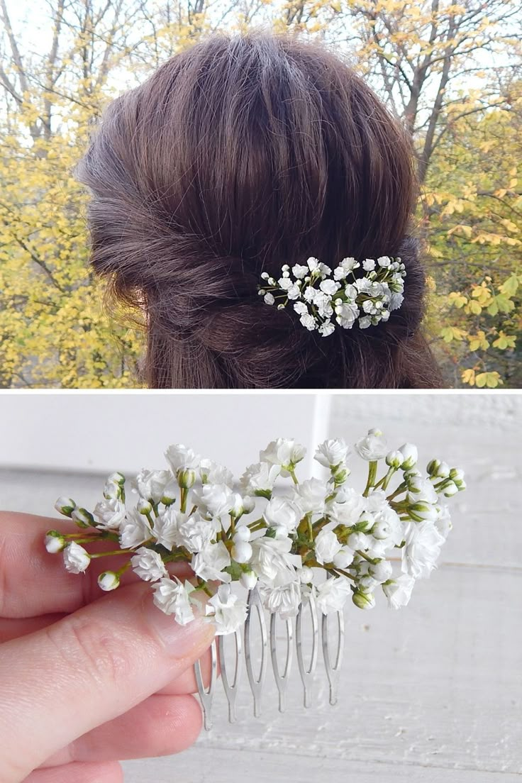 Flower hair comb with white flowers gypsophila (babys breath). Made of foam EVA material. The total length is 3.5'' (9 cm). Every flower detail and the assembly are carefully handmade done. #babysbreath #babybreath #hairstyle #hairaccessories Flower Clips For Hair Wedding, Small Flowers For Hair, Flower Hair Clip Wedding, Hairstyles With Gypsum Flowers, Baby Breath Hair Piece, Babies Breath Hairstyles, White Flower Hair Accessories, Wedding Hair Flower Comb, Diy Flower Hair Comb