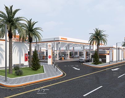 an artist's rendering of a gas station with palm trees