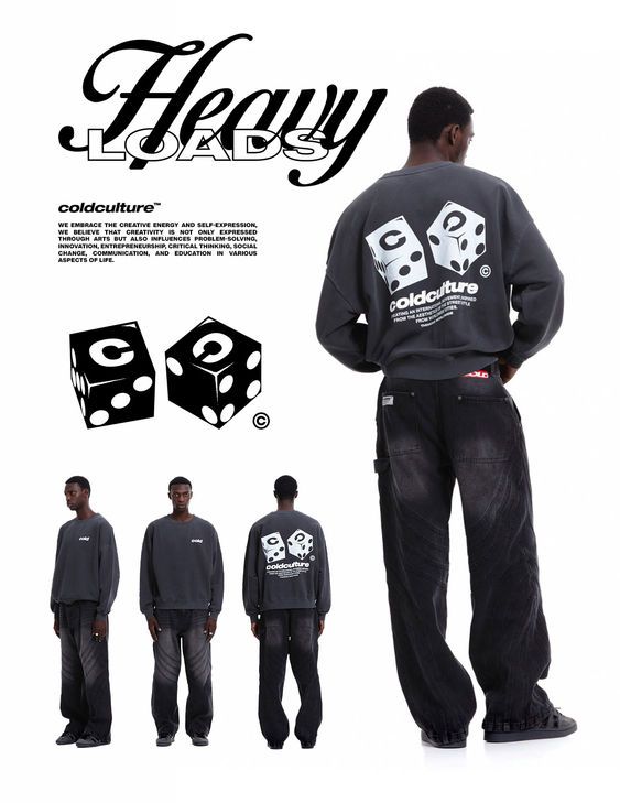 a man standing in front of two black dice sweatshirts