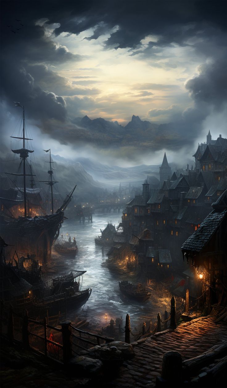 a painting of an old town by the water at night with ships in the distance