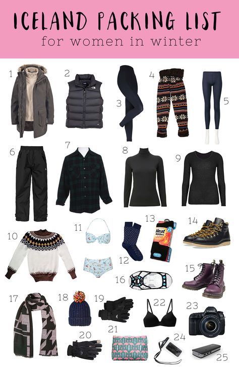 the iceland packing list for women in winter with text overlay that says iceland packing list for women in winter