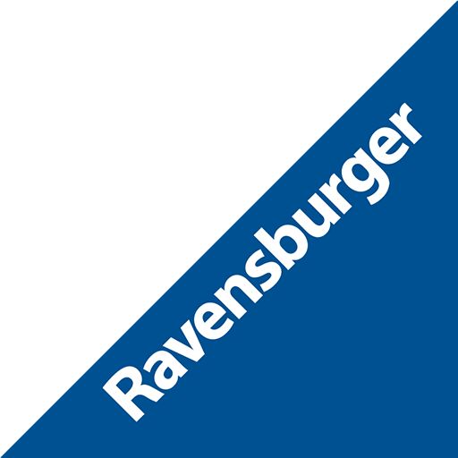 the word ravensburger on a blue and white background with an arrow pointing to it