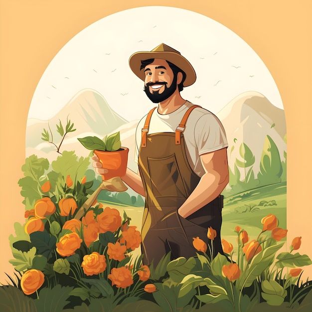 a man with a beard holding a potted plant