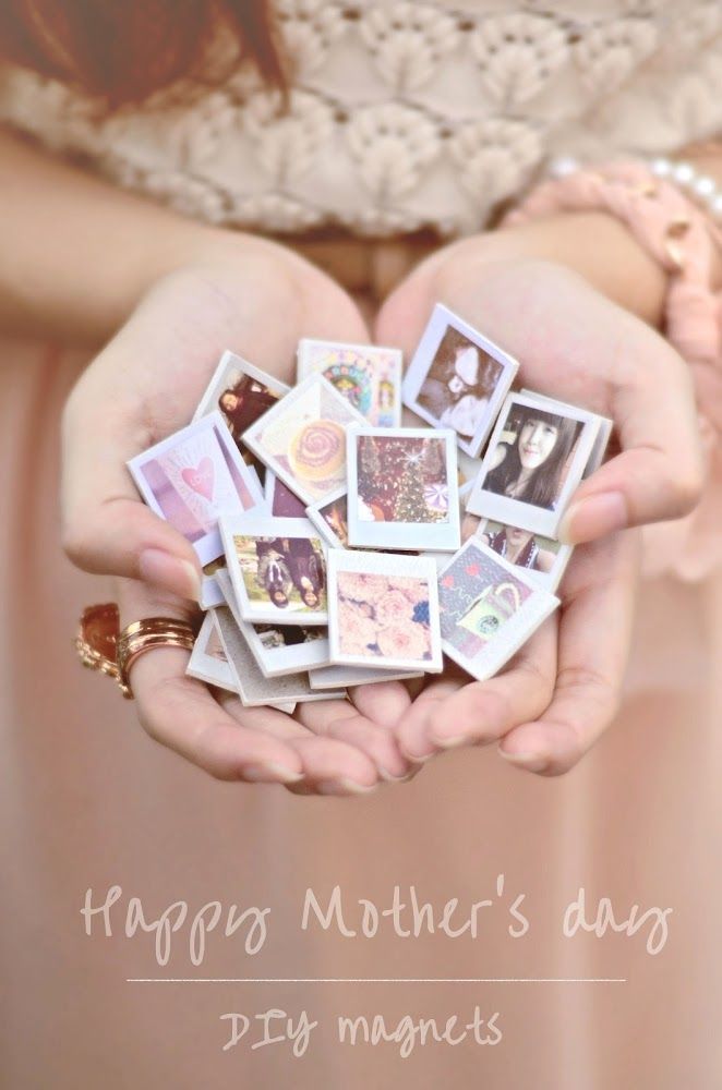 a woman holding out her hands with many pictures on the front and back of it