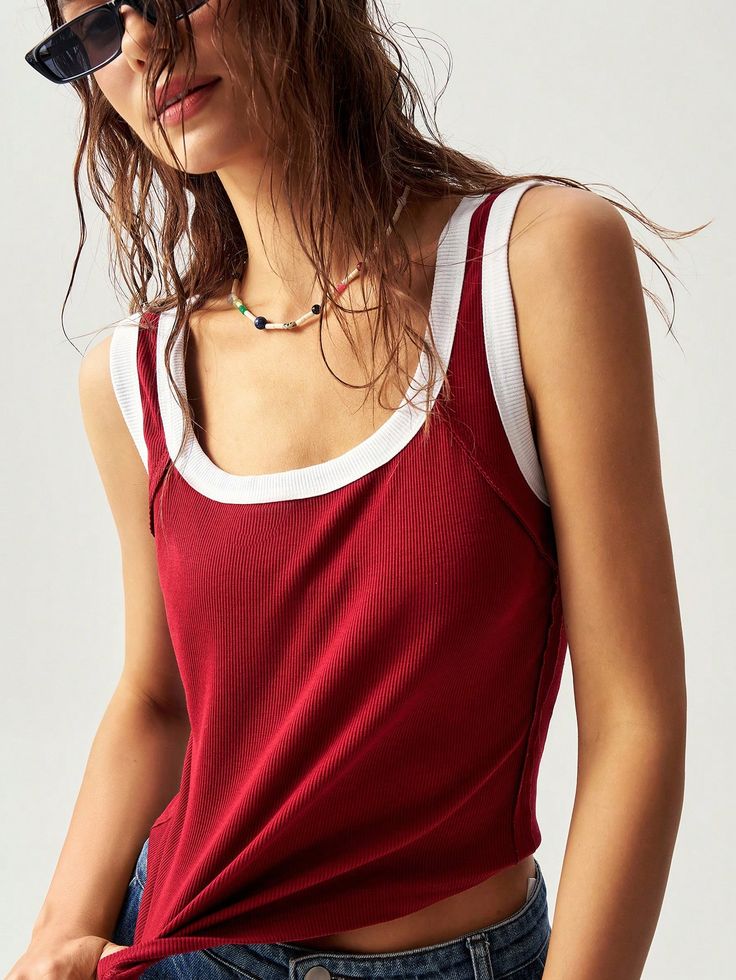 Red and White Casual Collar  Knitted Fabric Colorblock Tank Embellished Medium Stretch  Women Clothing Trendy Sleeveless Color Block Tank Top, Stretch Sleeveless Top With Contrast Color, Color Block Stretch Sleeveless Top, Trendy Red Sleeveless Tank Top, Trendy Red Ribbed Tank Top, Casual Sleeveless Top With Contrast Color, Sleeveless Stretch Top With Contrast Color, Casual Sleeveless Color Block Top, Sleeveless Tops With Contrast Color For Spring