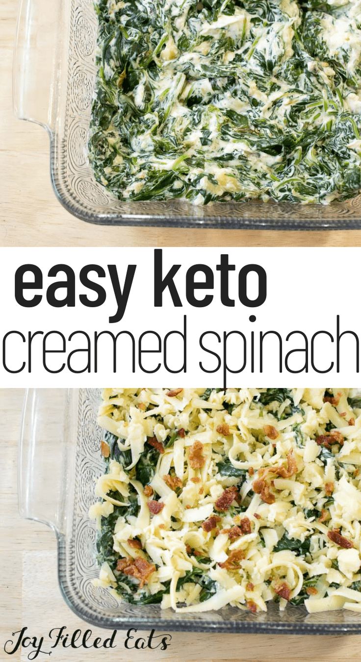 an easy keto creamed spinach casserole in a glass baking dish