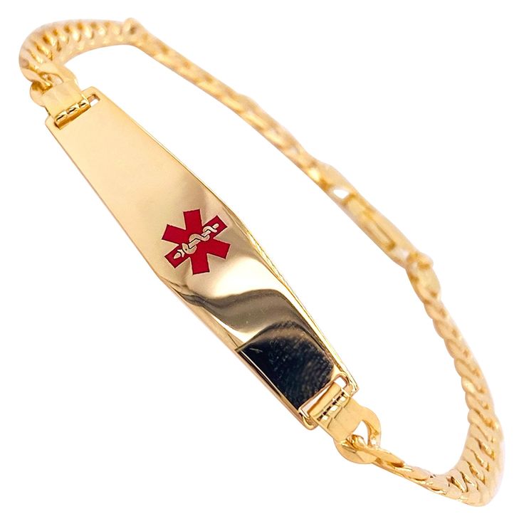 Medical Alert Bracelet with the Red Medical Caduceus. Place for engraving on back! Great for any size woman and medium to small size for a man. Metal Quality: 14K Yellow Gold Clasp: Large Lobster Clasp Width: 4.61 millimeters Length: 7.5 inches Weight: 9.032 grams Medical Caduceus, Medical Alert Bracelet, Medic Alert Bracelets, Medical Alert, Star Jewelry, Yellow Gold Chain, Custom Jewelry Design, Cartier Love Bracelet, Link Bracelets