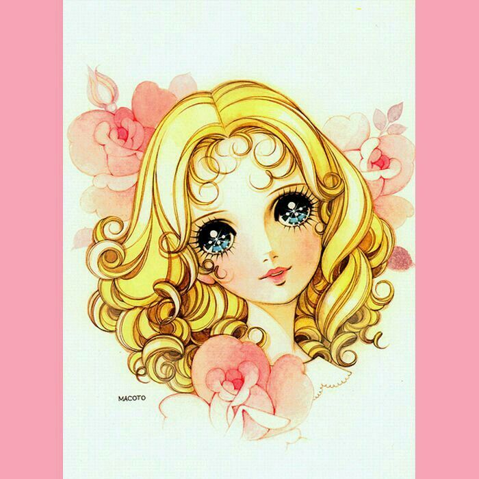 a drawing of a girl with long blonde hair and blue eyes holding a pink flower