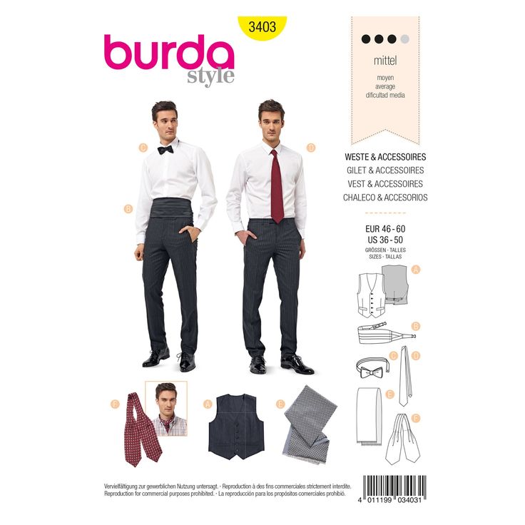 Burda Style Sewing Pattern - No.3403 Vest & Accessories Order unit corresponds to: 1 original packaging pattern Classic men's vest, close-fitting, with flap pockets, lining back and straps. Plus the right accessories for every occasion: cummerbund, bow tie, tie and two scarves. Fabric recommendation: Silk, brocade, light wool fabrics, moiré Ingredients: see photo Size: 46 - 60 Level: 3 - medium Pattern Vest, Burda Patterns, Vest Pattern, Burda Style, Silk Brocade, Fashion Sewing Pattern, Men's Vest, Mens Vest, Wool Fabric