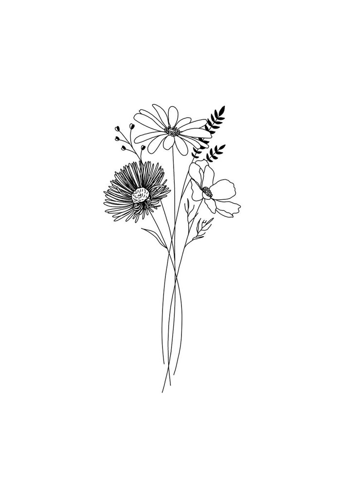 black and white drawing of flowers on a white background