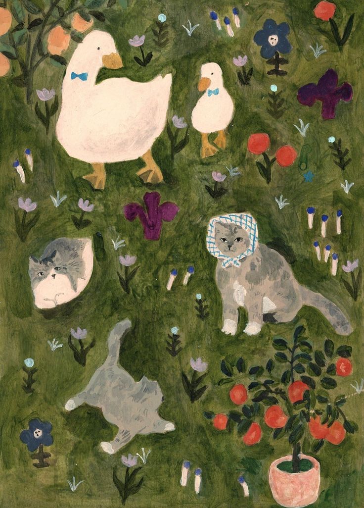 a painting with animals and flowers in the grass