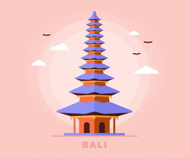 an illustration of a tall pagoda with birds flying around it and the word bali above it