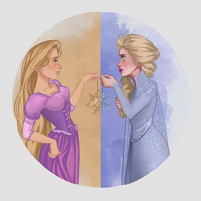 two cartoon images of princesses touching each other