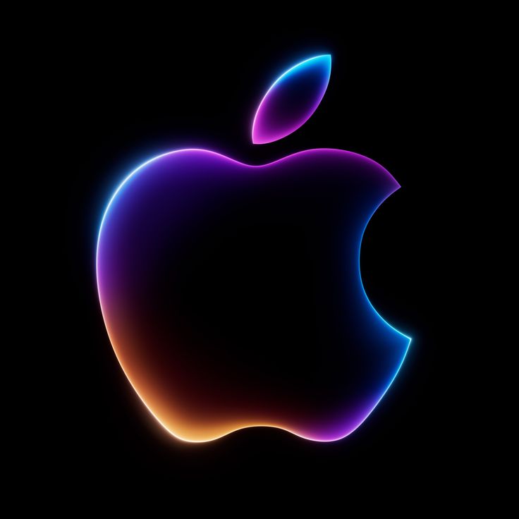 an apple logo on a black background with blue and pink neon lights in the shape of an apple