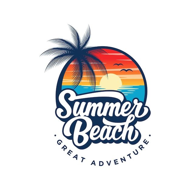 the summer beach logo with palm trees and sunsets in the background on a white background