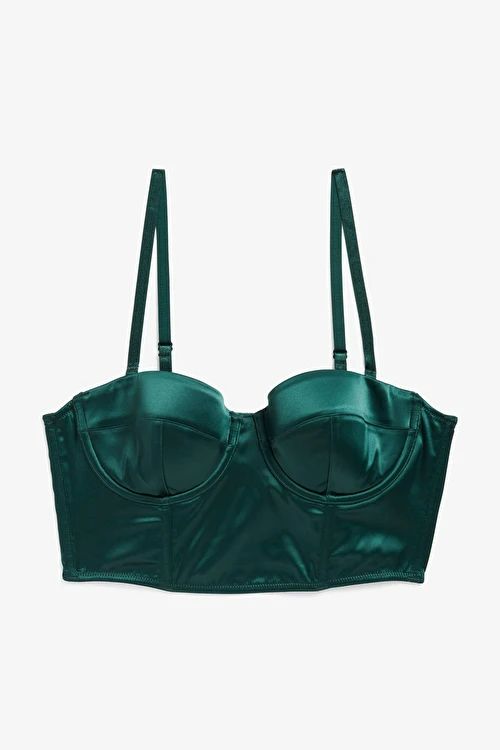 Dark teal satin bustier bra - Dark teal - Monki GB Net Bra, Fish Nets, Green Bra, Satin Bustier, Green Bras, Soft Girl Aesthetic, Bottle Green, Pet Bottle, Party Tops