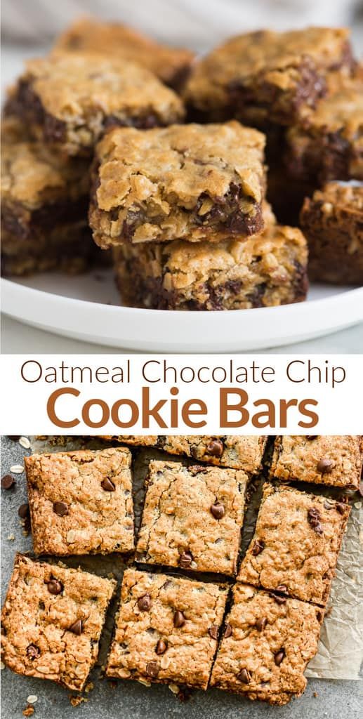 oatmeal chocolate chip cookie bars stacked on top of each other with text overlay