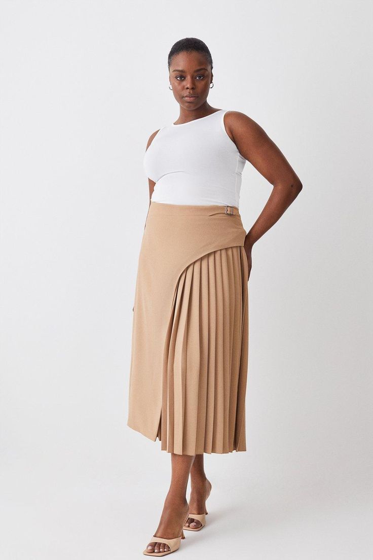 Plus Size Buckle Detail Pleated Midi Skirt Pleated Work Skirt, Work Wear Plus Size, Plus Size Professional, Mother Of The Bride Outfits, Pleated Skirt Outfit, Skirt Collection, Closet Wishlist, Box Pleat Skirt, Bride Outfits