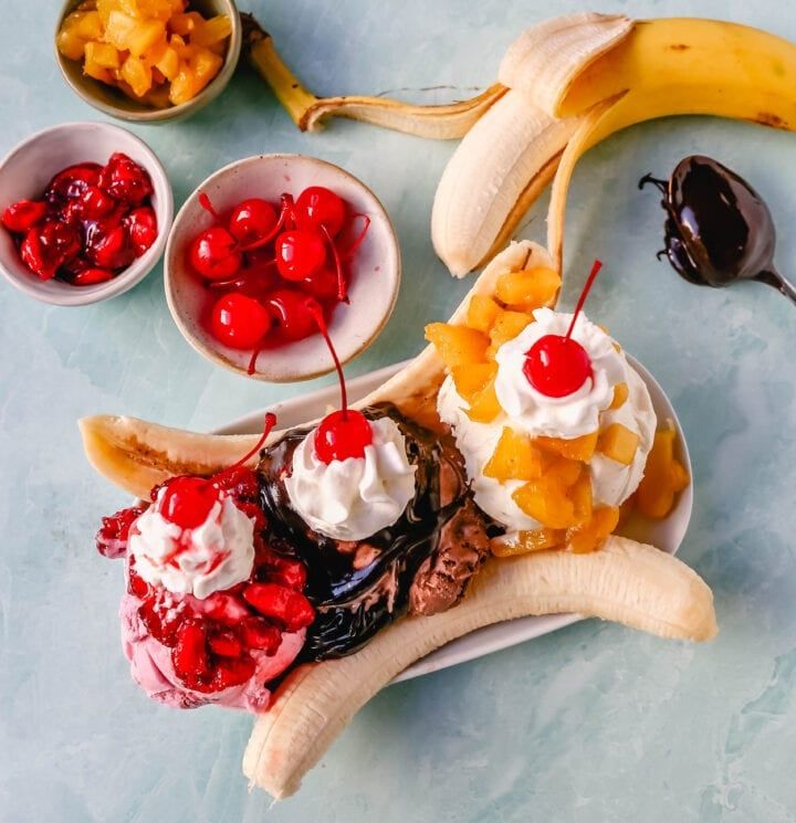 banana split with ice cream, cherries and bananas