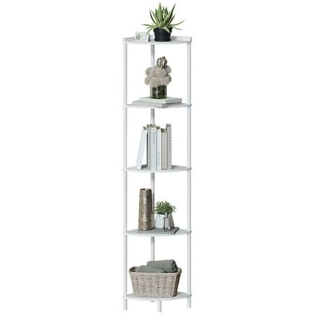 a white shelving unit with four shelves and some plants on the top shelf, in front of a white background