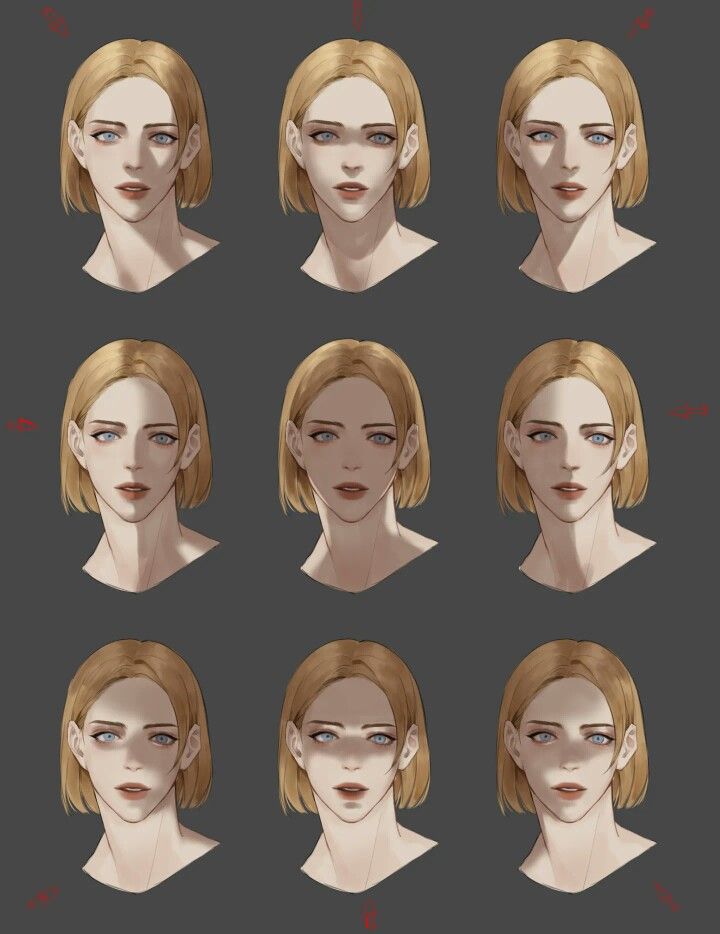 the different facial expressions in an animation character's face and head, with various angles to