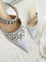 Anna Satin Embellished Mules Grey | Silver Silver Shoes Heels, Silver Heel, In Between, Silver Heels, Valentino Studs, Mule, Wedding Shoe, Special Occasion, Shoes Heels