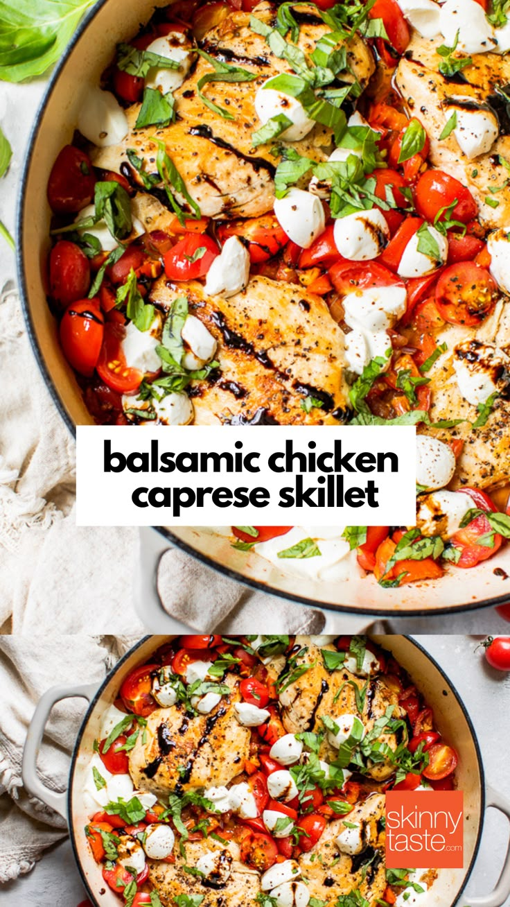 two photos showing different types of chicken in a skillet with tomatoes, lettuce and feta cheese