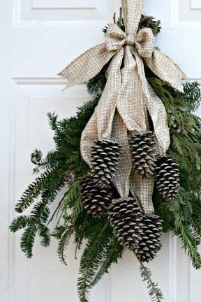 a wreath hanging on the front door with pine cones and burlocked ribbon