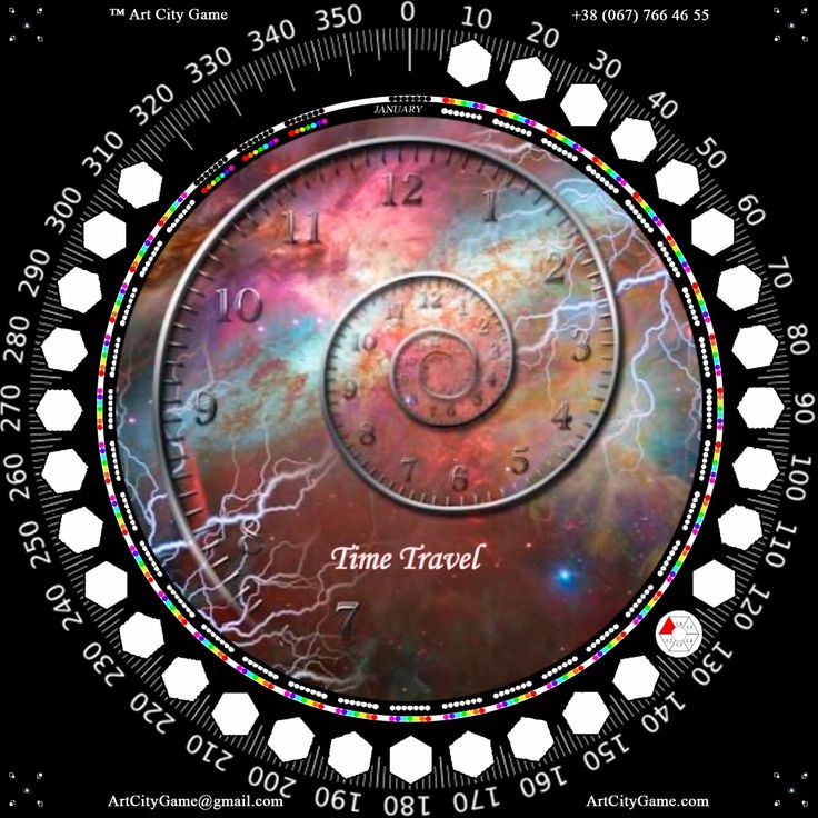 the time travel clock is in front of an image of stars and planets on a black background