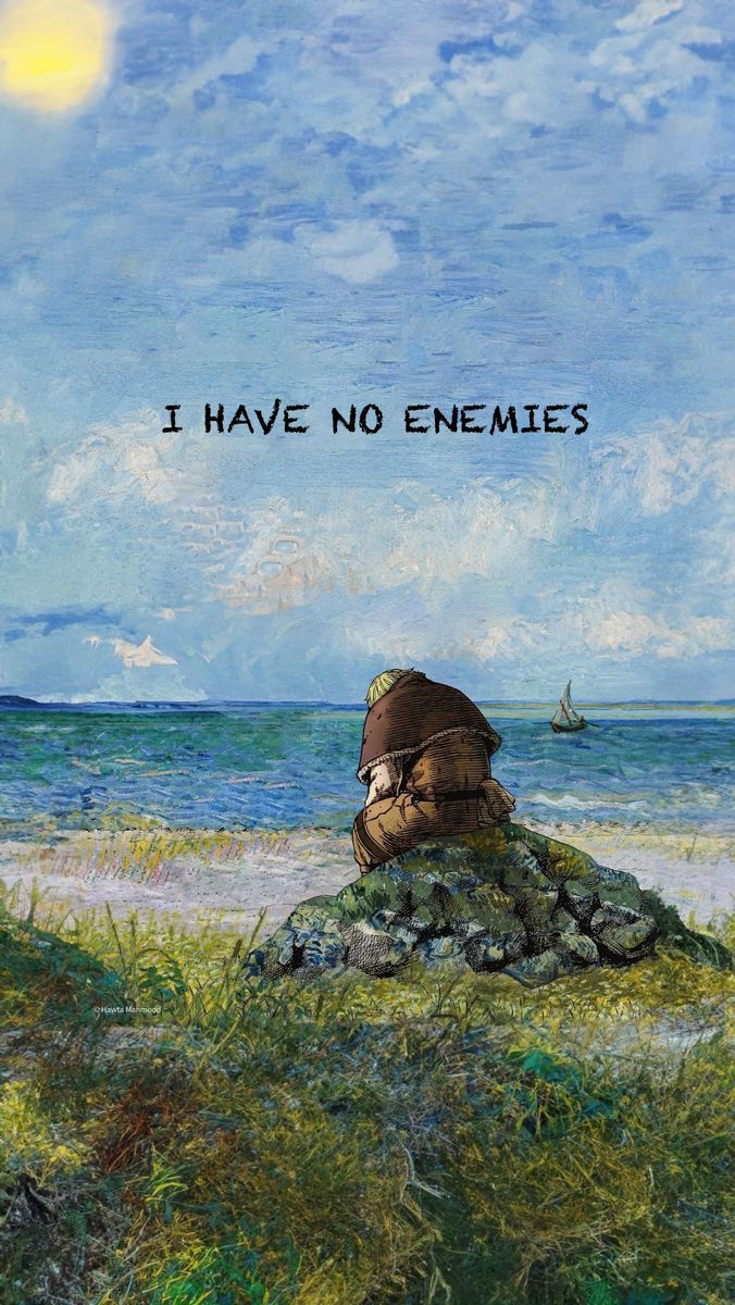 a painting with the words i have no enemes on it and a man sitting on top of a rock