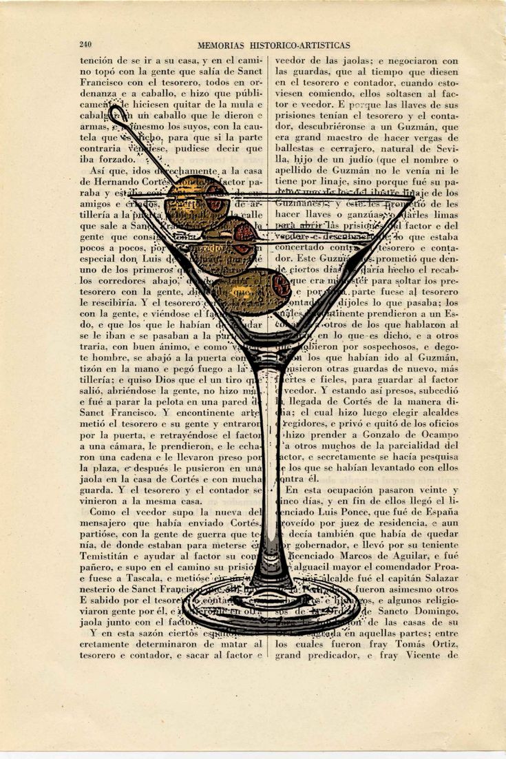 an old book page with a martini glass and olives on the rim in it