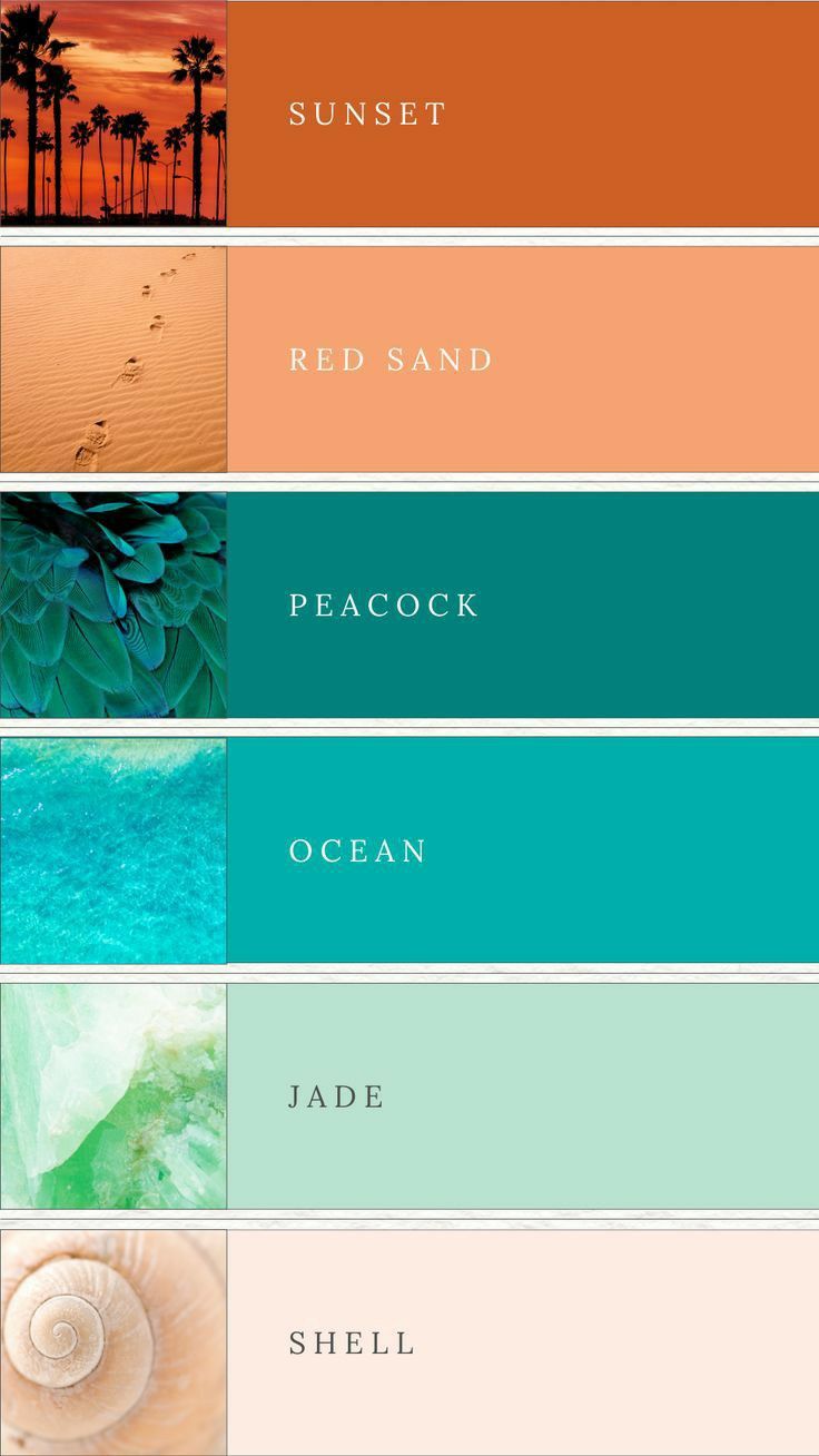 the color palette for sunset, red sand, peacock ocean and jade shell