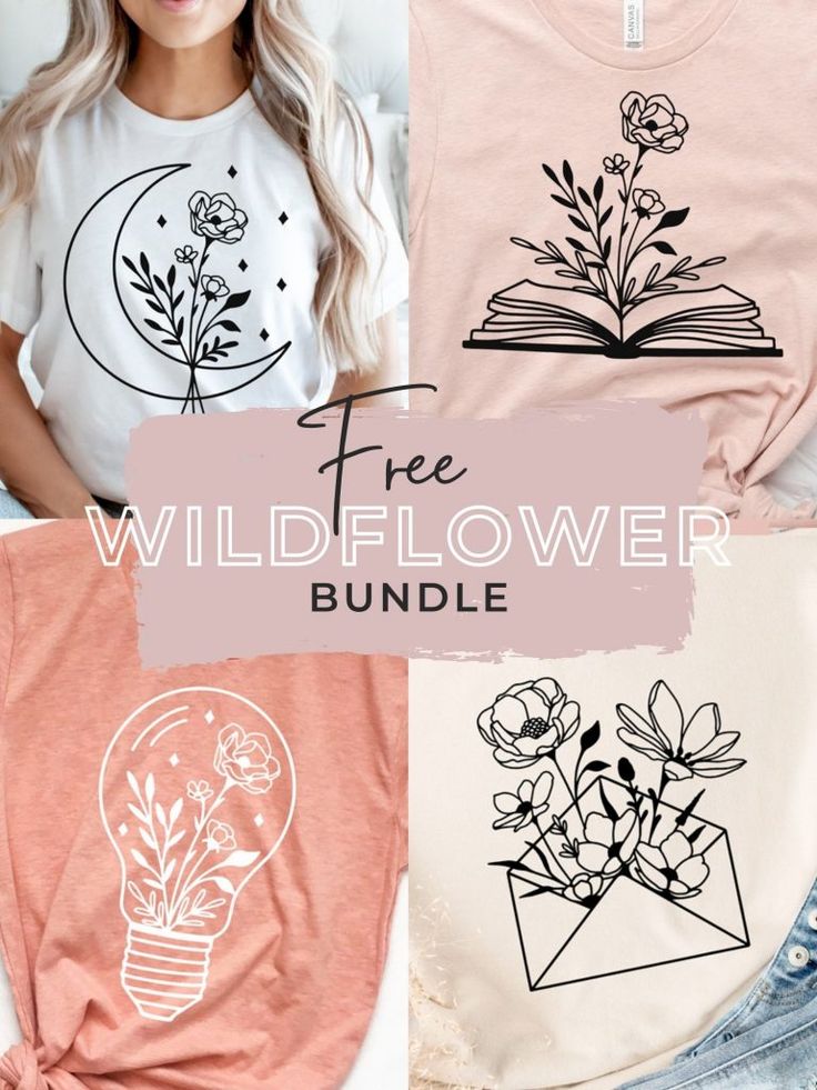 the wildflower bundle includes two t - shirts, one with flowers and an open book